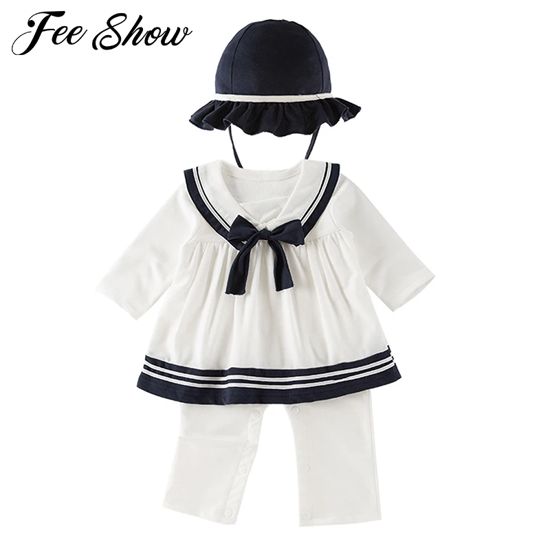 

Baby Girls Clothes Newborn Navy Style Baby Romper Outfit Kid Girl Sailor Jumpsuit Costume+Hat Sets Child Long sleeve Sailor Suit