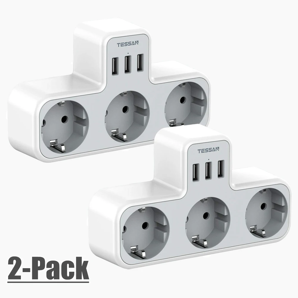 

TESSAN 2-Pack Socket Power Strip with 3 AC Outlets 3 USB Ports EU Plug Wall Charger Adapter Overload Protection for Home, Office