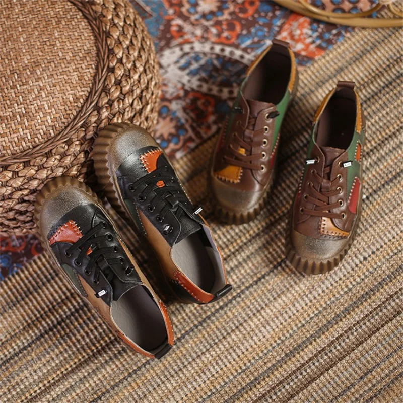 

Prova Perfetto retro genuine leather women's flat shoes Bohemia miexd color female shoes luxury lace up platform women's shoes