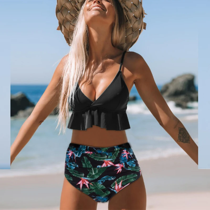 

2021 Sexy Two Piece Swimsuit Push Up Swimwear Women Ruffle Monokini High Waist Halter Print Bikini Beachwear Bathing Suit Biquni