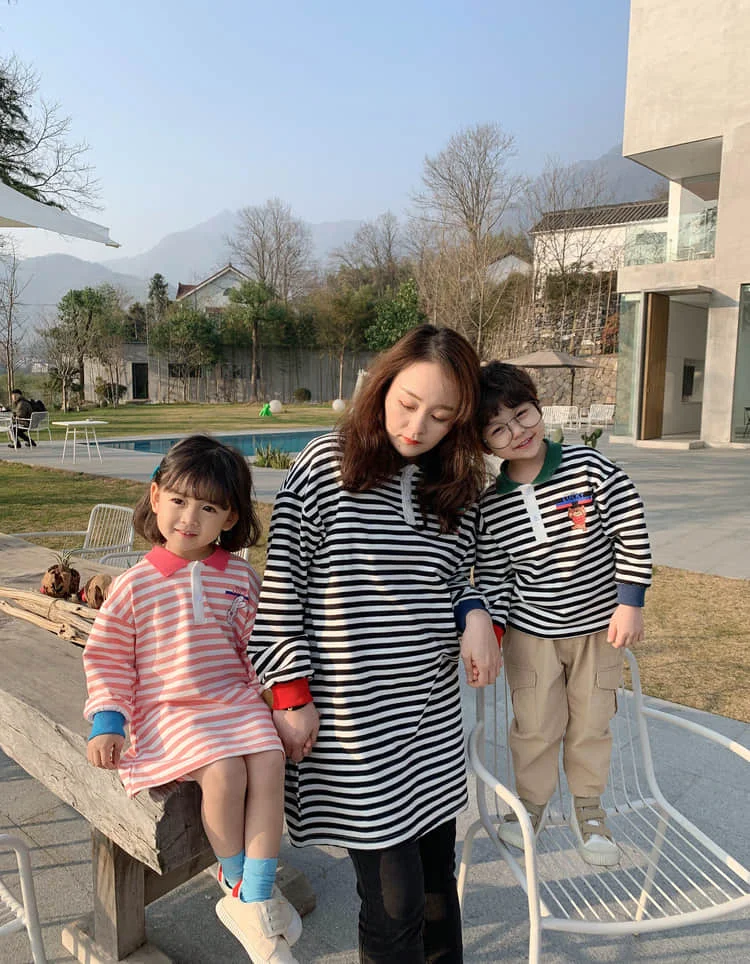 

2021 Parent Child Children's Wear Spring Children's Wear Girl's Polo Collar Striped Sweater family dress