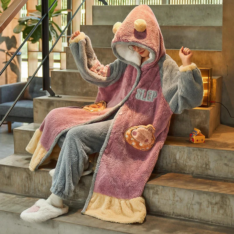 Women's Hooded Coral Fleece Long-Sleeved Flannel Home Wear Casual Pajamas for Spring and Autumn Bathrobe Set Winter