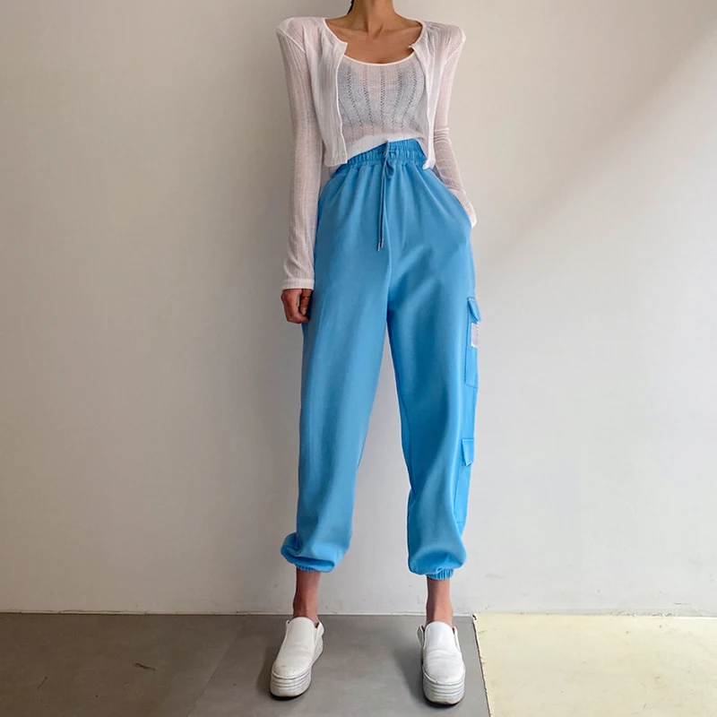 

Спортивные штаны Harajuku, корейский стиль, 90-е, Y2K, повседневные, Осенние, с карманами, в стиле пэчворк, женские синие, для фитнеса, свитшот для тр...