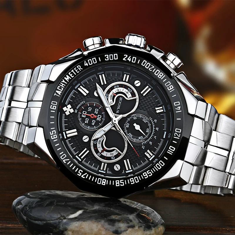 Часы WWOOR мужские спортивные брендовые роскошные черные Кварцевые