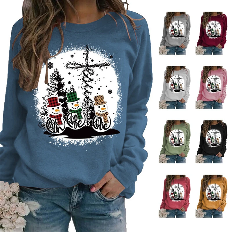 Winter Street Women's Sweatshirt Loose Ladies Top Christmas Snowman Faith Hope Love Retro Print Long Sleeve Pullover