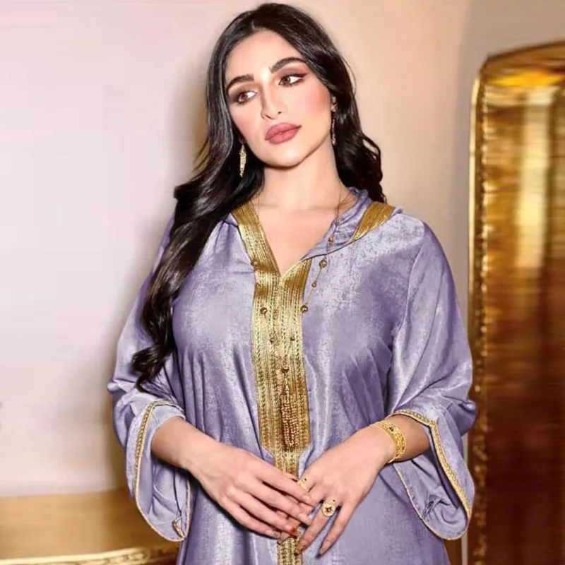 

Dubai Arabic Muslim Abaya Dress for Women Fall 2020 Champagne Moroccan Kaftan Hooded Robe Turkish Islamic Jalabiya A41-2