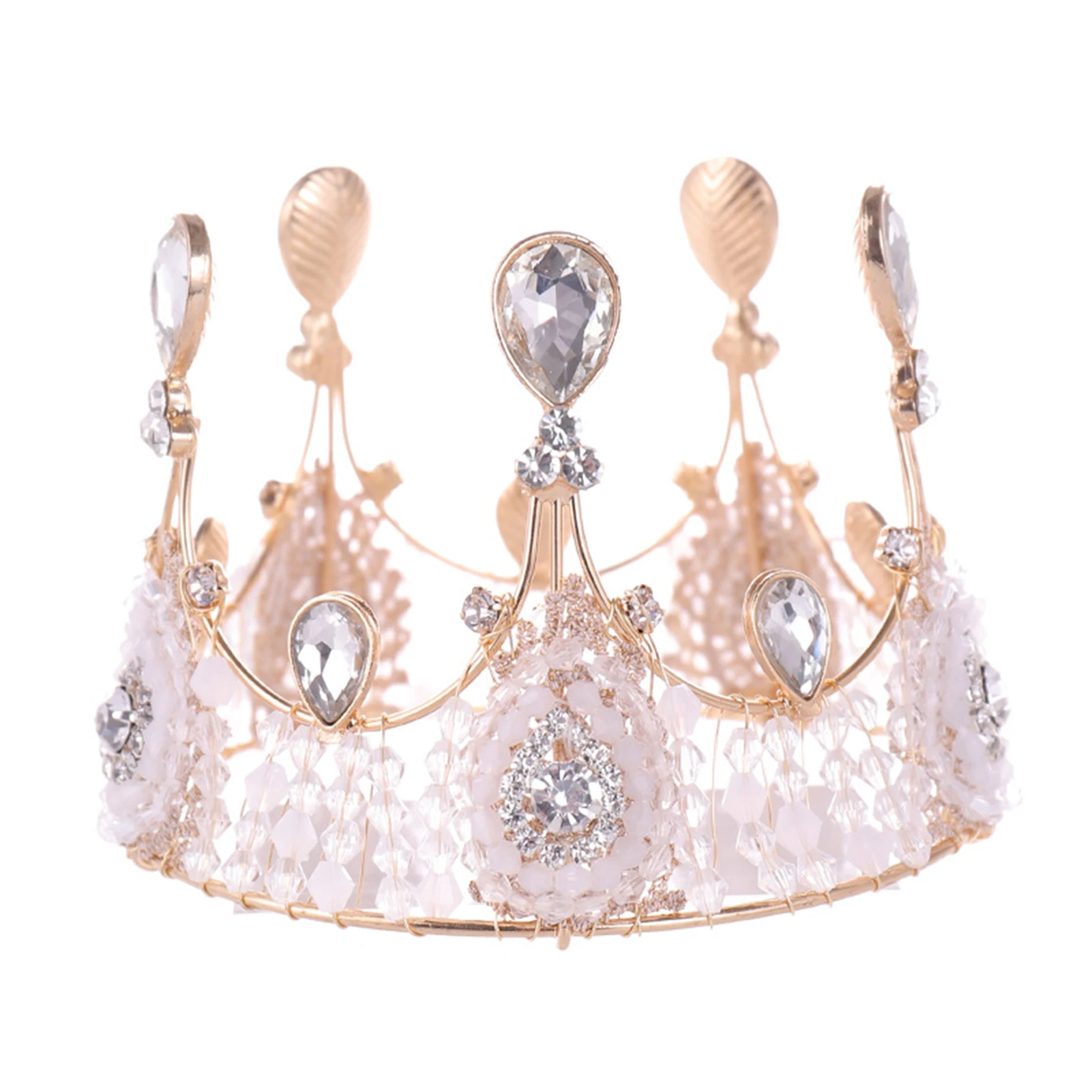 

Vintage Royal Full Round Crown Alloy Rhinestone Beaded Tiaras Bridesmaid King Headband For Women Men Electroplating