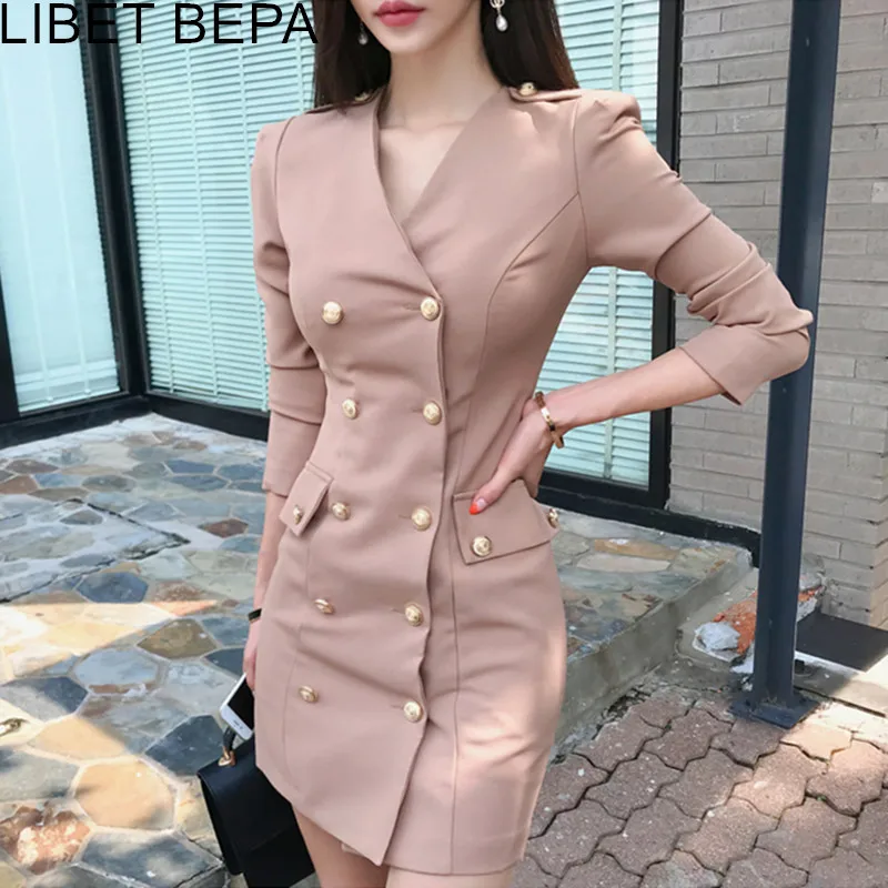 

2021 New Autumn Women Dress Elegant Offical Lady Sashes Split Buttons V-Neck Package Hip Double-breasted High Waist Mini DR769