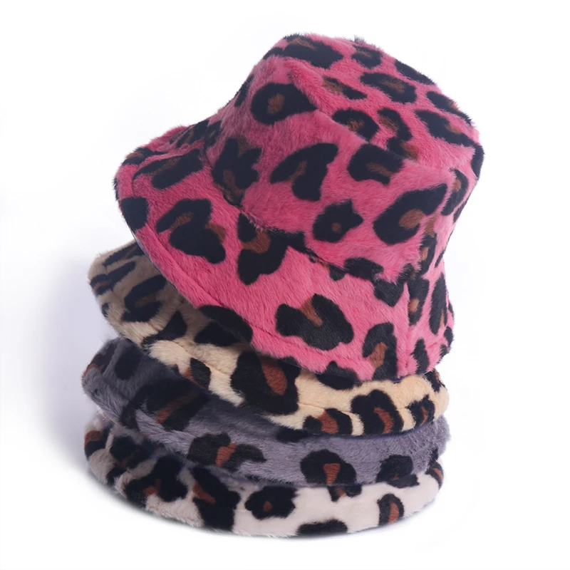Winfox New Fashion Soft Leopard Faux Fur Bucket Hats For Women Warm Caps Winter 2020