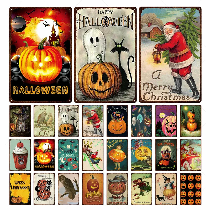 

Iron Painting Christmas Vintage Metal Tin Sign Pumpkin Santa Claus Wall Decor Halloween Retro Poster Plaque For Living Room