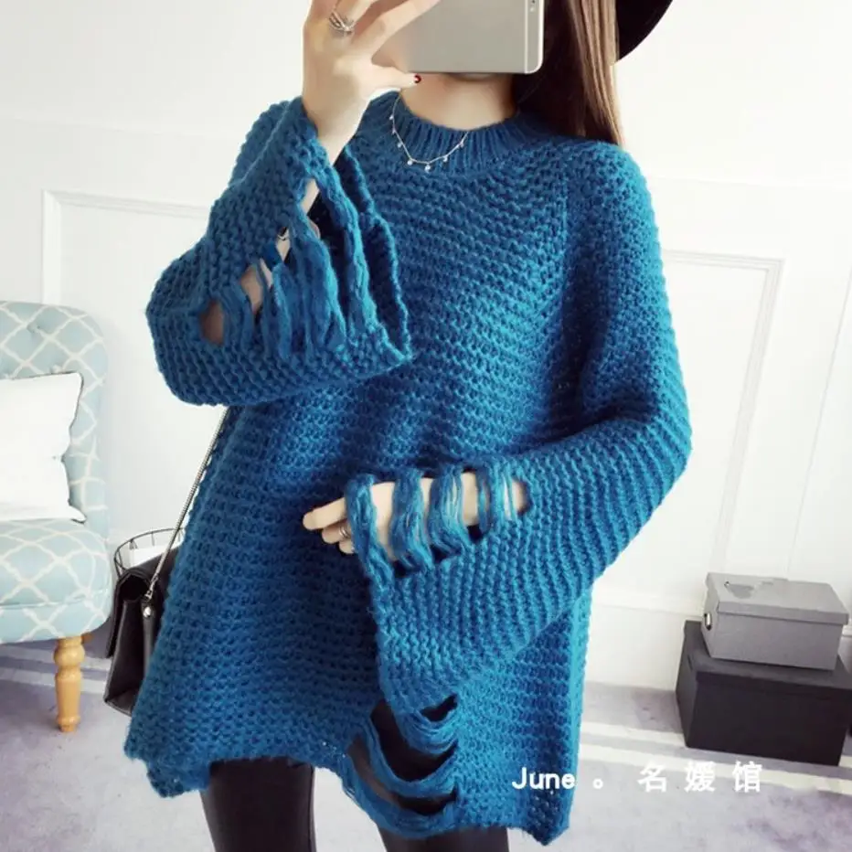 

Women Punk Oversize Long Sweater Cool Hollow Out Hole Broken Loose Jumper Pullover Knit Sweaters