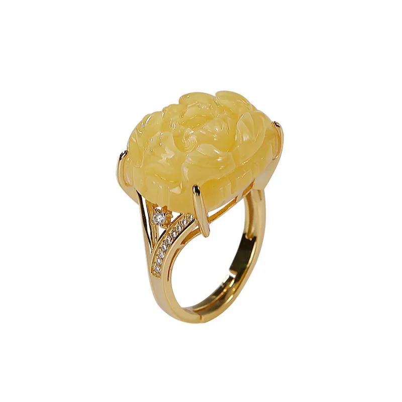 S925 sterling silver gold-plated inlaid natural beeswax ring retro national tide peony flower lady open ring
