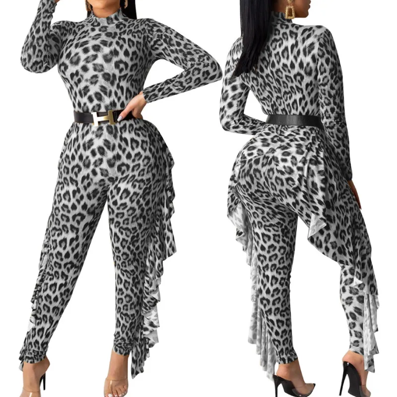 

Women Jumpsuit Romper Lady Long Top Long Sleeve Leopard Printed Lace Patchwork Slim Fashion Casual Playsuit