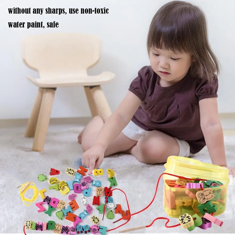 

54 Pieces Colorful Wooden Lacing Beads Animals Blocks Heart-Shaped Box Threading Montessori Educational Toy For Children