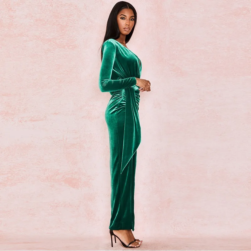 Новинка 2019 г. Модное Длинное Зеленое бархатное платье соблазнительное