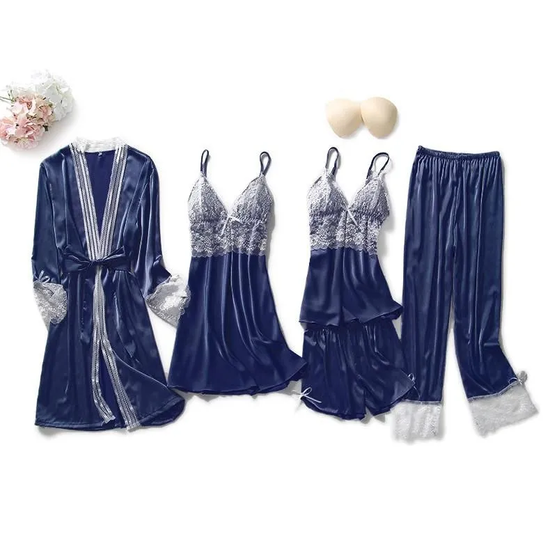 

Women Sleepwear Full Slip Lace PAJAMAS With Pants Pyjamas Pour Femme Thin Comfy Loungewear Satin V-Neck Home Clothes Suits