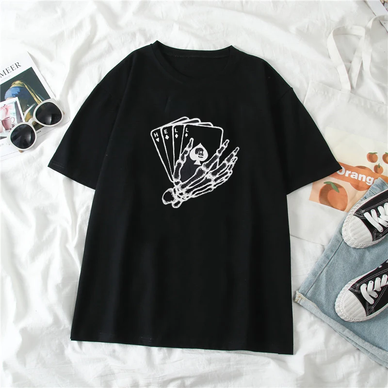 

Skull Poker Graphic Tee Funny Gothic Style Cool Grunge Black T Shirt Women Short Sleeve Cotton Fashion O-Neck Tee Tops