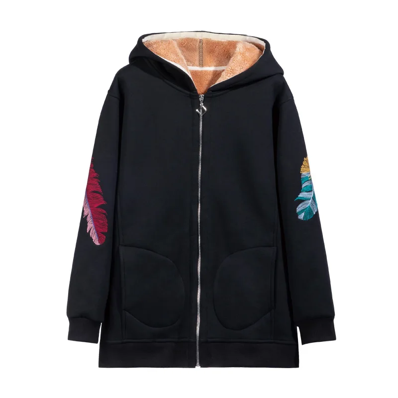 

Women Winter New Fashion Fleece Thicken Hoodie Sweatshirt Female 7Xl 115Kg Large Size Embroidery Leisure Cashmere Warm Zip Coats