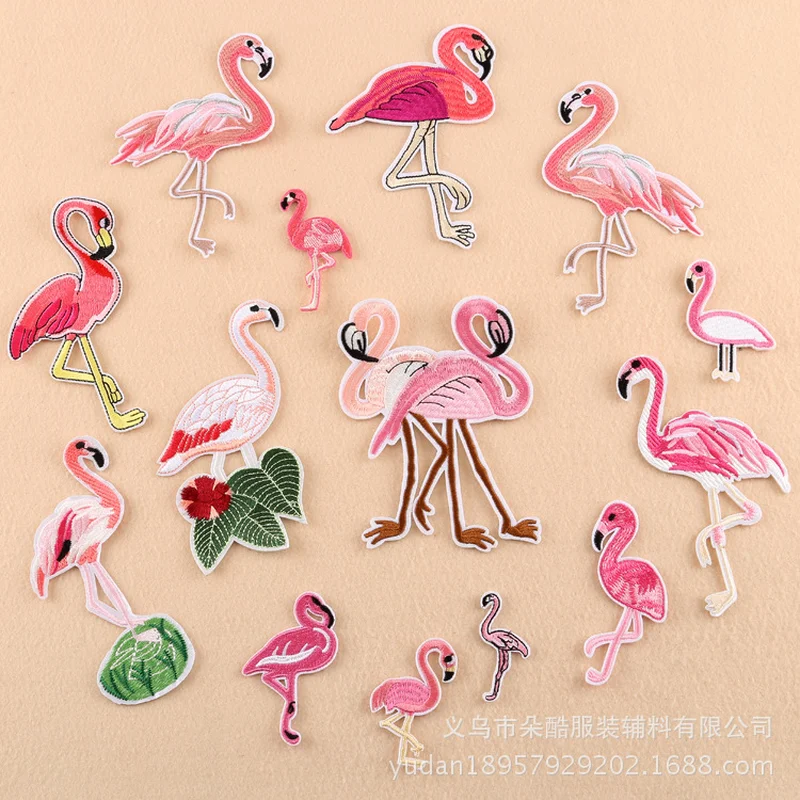 

20pcs/lot Large Flamingo Bird Animal Embroidery Patches Pink for Clothing Accessories Diy Patch Cute Iron on Transfers Heat