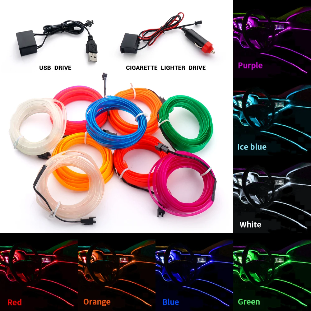 

LED Auto Light Interior Led Decorativeve EL Wiring Neon Strip For car Flexible Ambient Light USB Atmosphere Diode 1M/2M/3M/5M