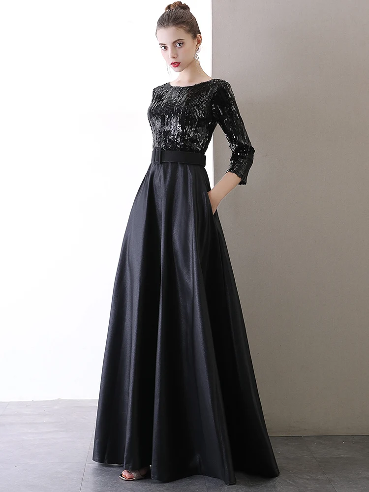 Женское длинное вечернее платье черное ТРАПЕЦИЕВИДНОЕ ПЛАТЬЕ с блестками для