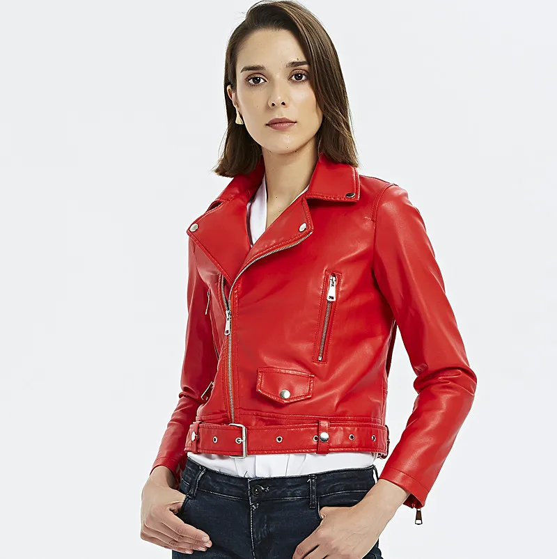 Black Pu Leather Jacket Autumn 2019 Women Red Motorcycle Coat with Sashes Short Faux Leather Biker Jacket Zipper Jacket Female