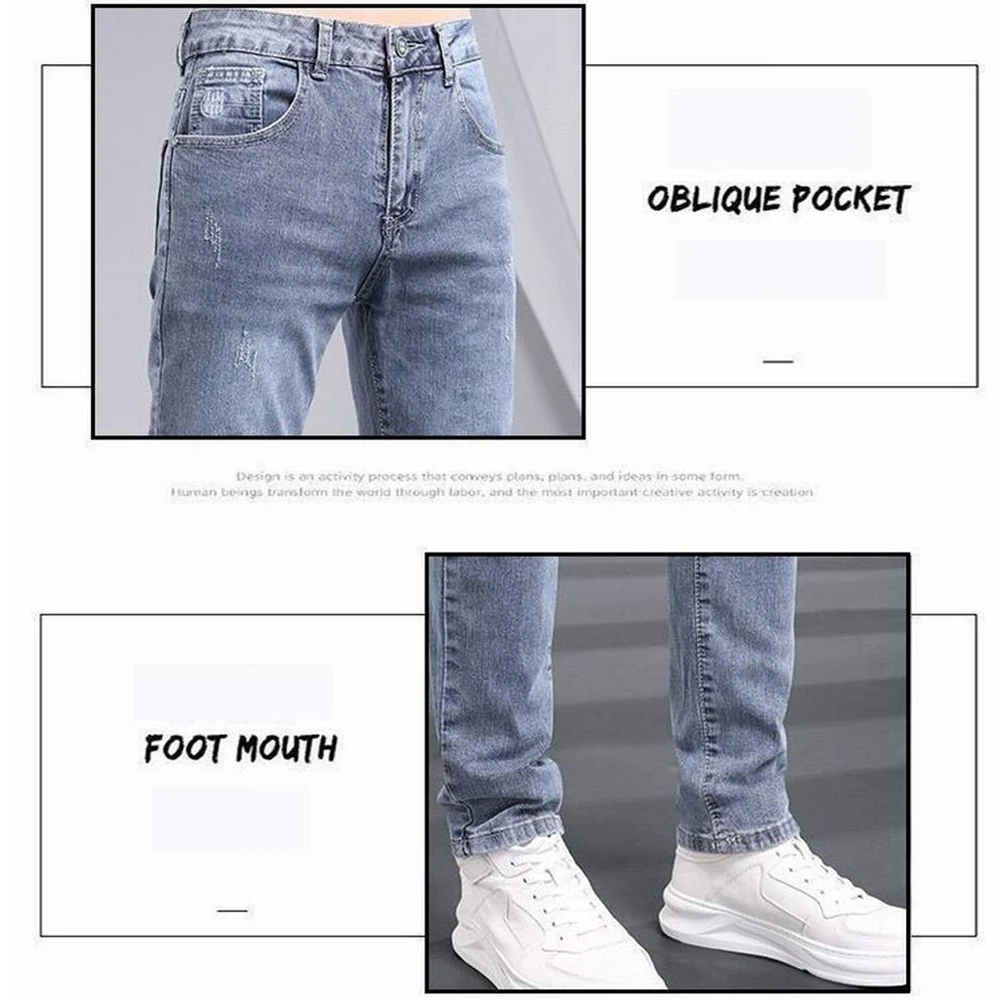 Distressed Destroy Hole Light Blue Elastic Men Jeans Lightweight Slim Fit Denim Pencil Pants Jogger Korean Style Brand Trousers