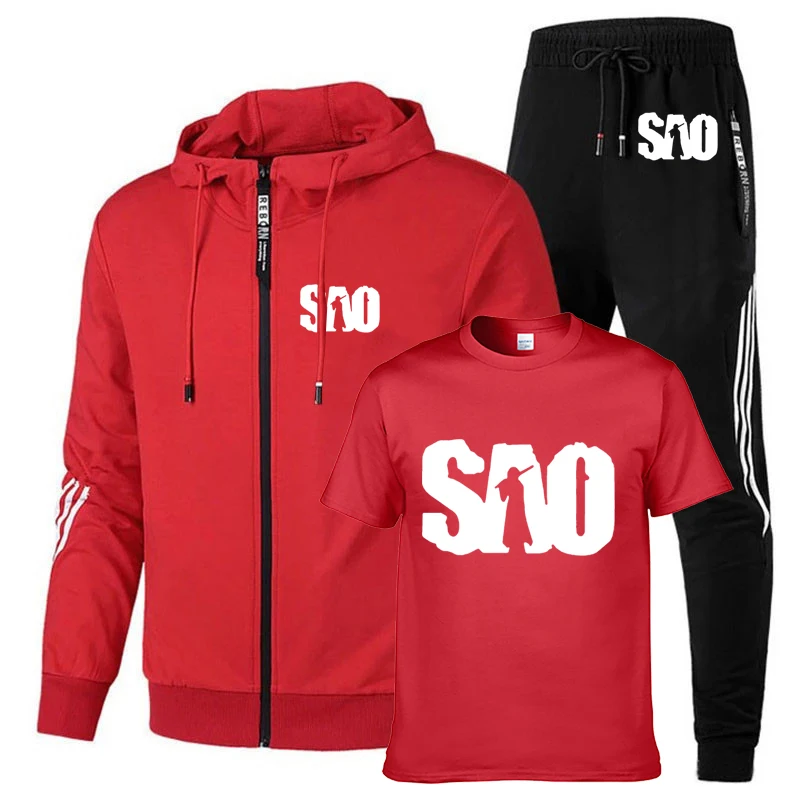 

Spring Autumn Men's suits SAO Sword Art Online Print High Quality Cotton stripe Men's sweatshirt+T-shirt+sports pants 3-piece se