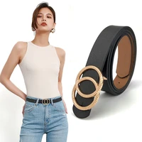 pu leather belt for women metal double round buckle waist strap designer brand female jeans trouser dress decoration waistband