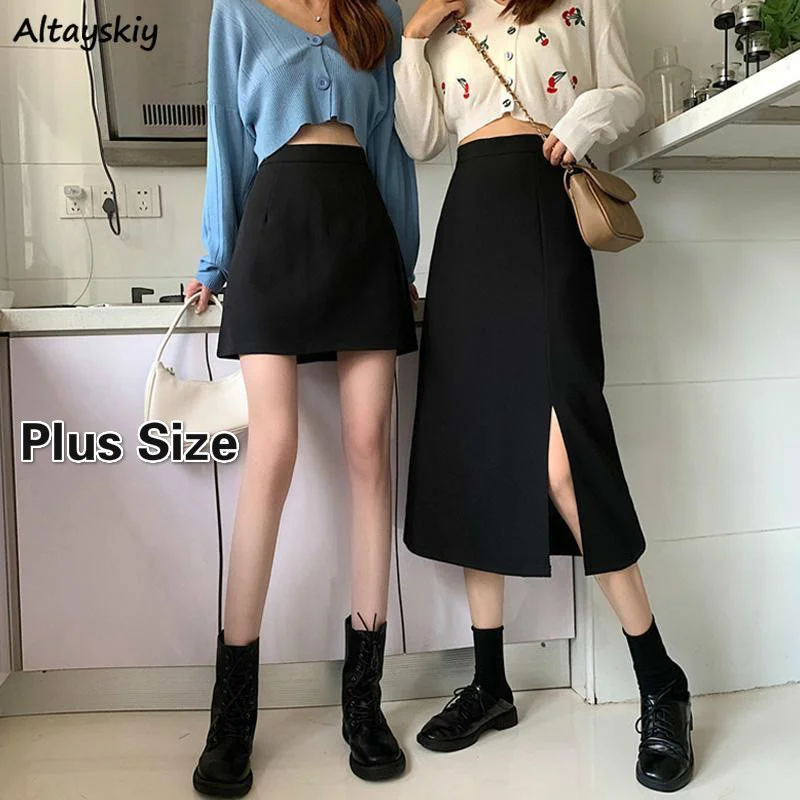 

Black Skirts Women Mid-calf College A-line High Waist Korean Style OL All-match Friends Plus Size Streetwear Chic Female Bottom