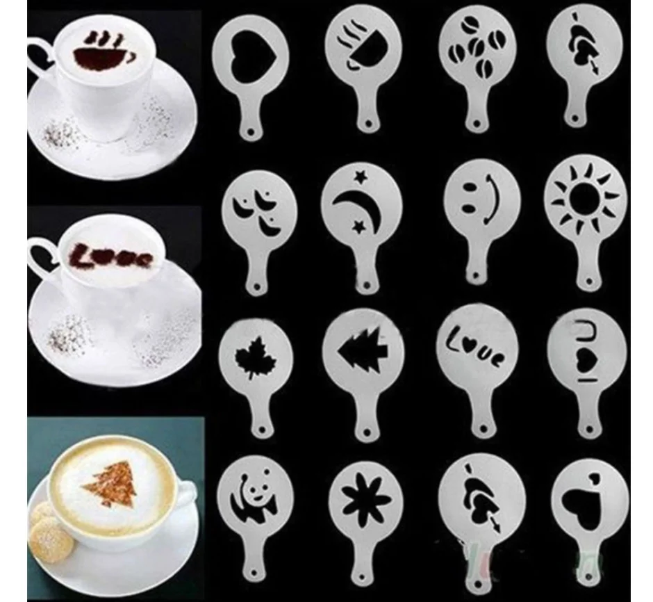 

16Pcs Coffee Stencils Fancy Coffee Printing Model Foam Spray Cake Stencils Coffee Drawing Cappuccino Mold Powdered Sieve Tools