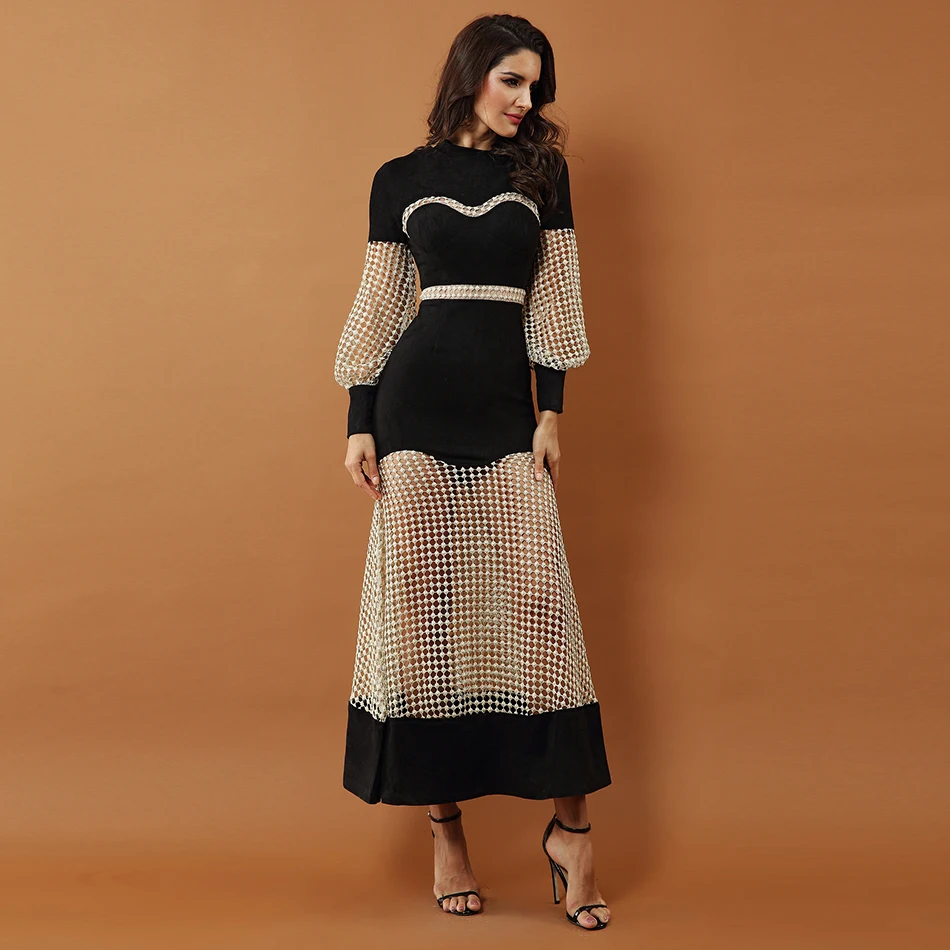 Женское Сетчатое платье Seamyla Черное вечернее с длинным рукавом|runway dress|winter