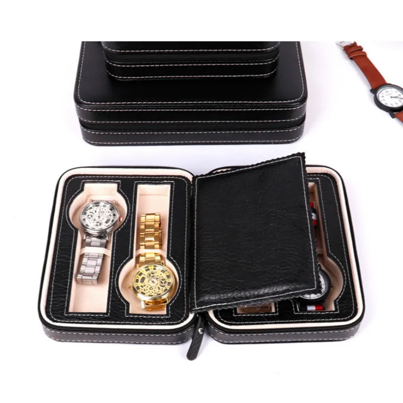 

Zipper 4-digit Watch Bag High-end PU Leather Jewelry Storage Display Packaging Box Watch Winder Display Case