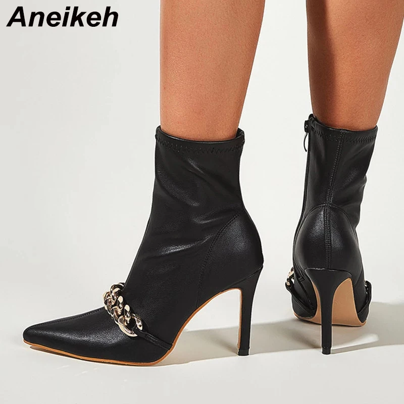 

Aneikeh Mid-Calf Chelsea Boots Fashion Sewing Metal Decoratio Pointed Toe Chain Zipper High Heels Shoes For Women Spring/Autumn