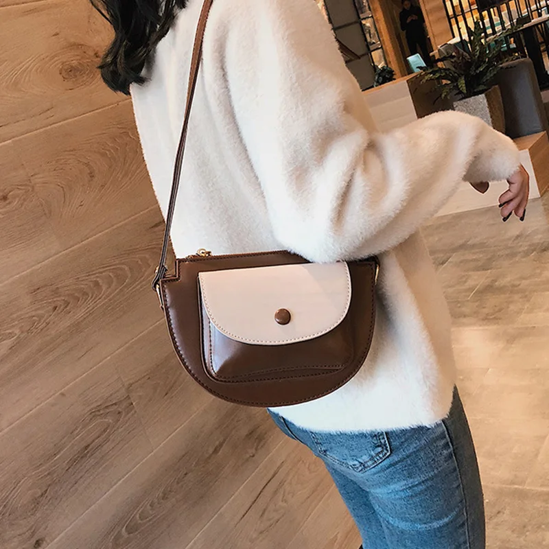 Mododiino Patchwork Saddle Bag Ladies Bag Contrast Color Shoulder Bag Simple Half Moon Women Bag Leather Crossbody Bag DNV1271