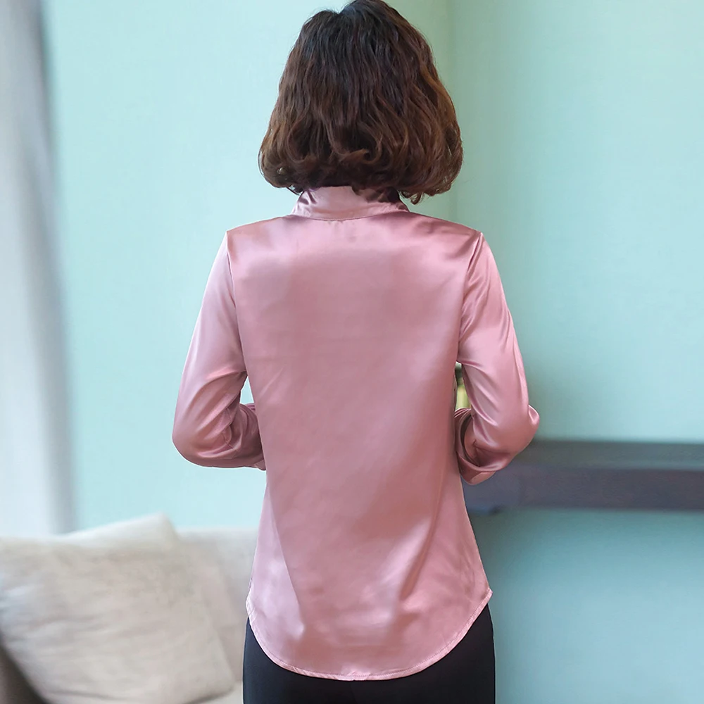 Женская атласная шелковая блузка элегантная рубашка с длинным рукавом для офиса