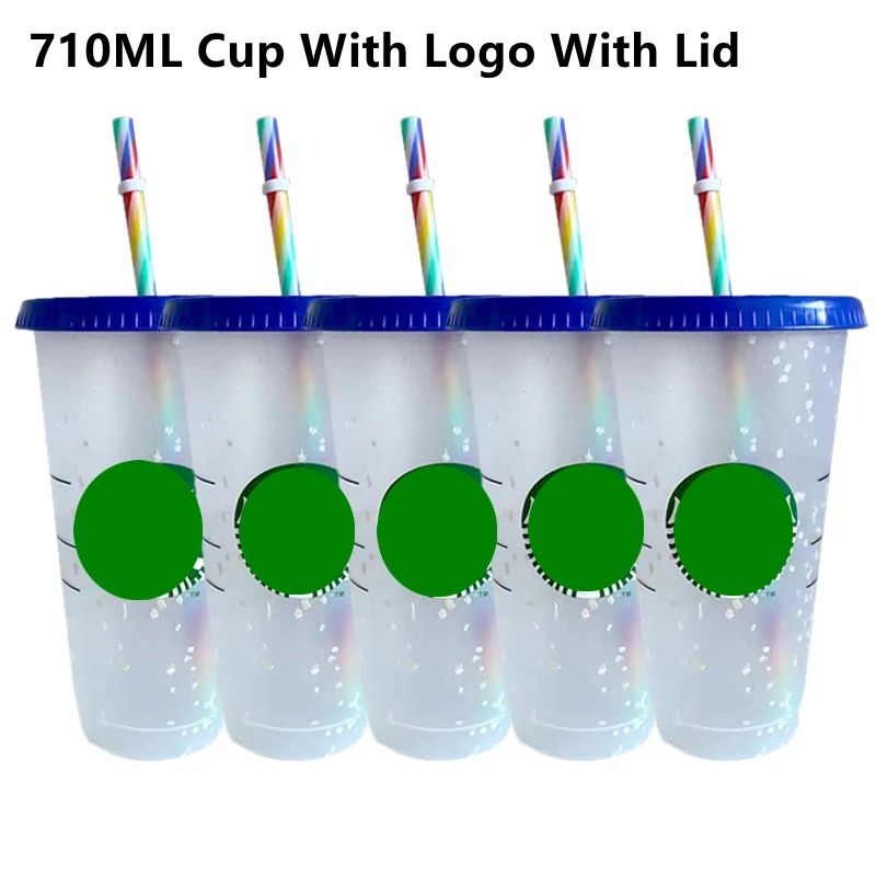 

710ml Rainbow Straw Cup With Lid With Logo Reusable Cups Plastic Tumbler Cold Coffee Mug Christmas Party Gift Cold Drink Tumbler