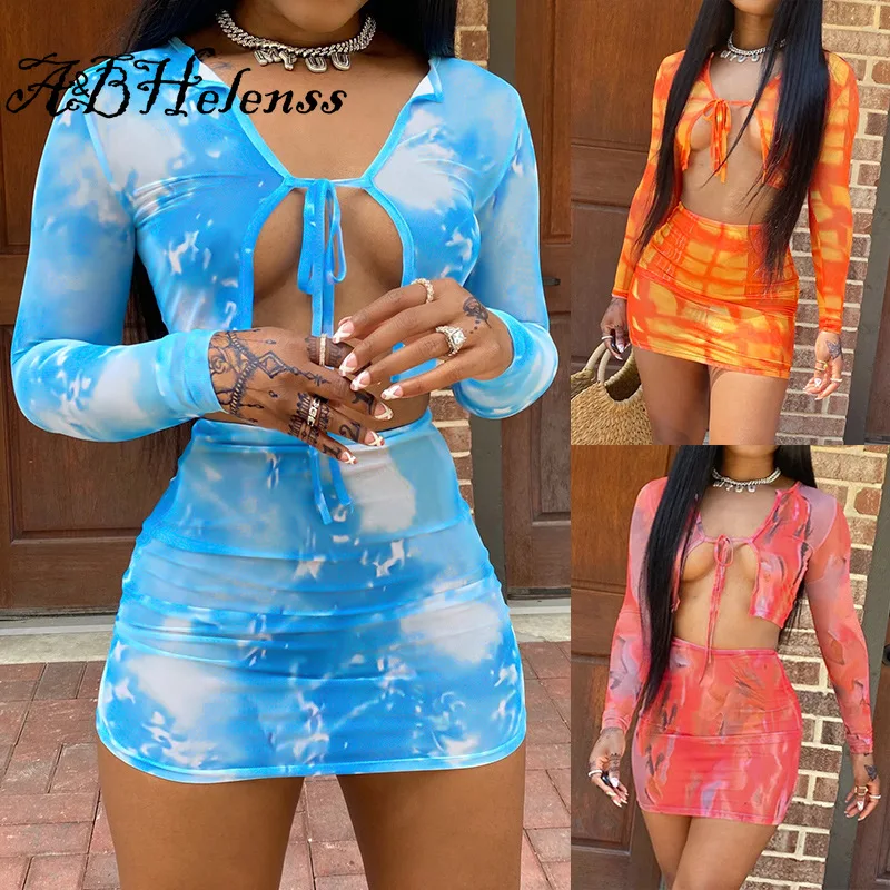 

A&BHelenss Spring Summer Streetwear Tie Dye Print Mini Skirt Set Crop Top Lace Up Tops Skinny Fitness Two Piece Set