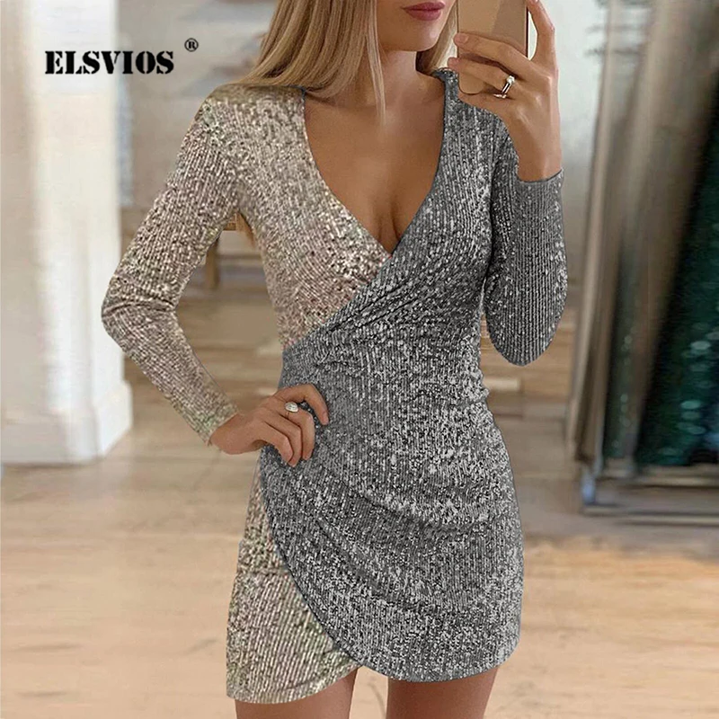 

Платье-мини женское демисезонное с блестками, V-образным вырезом и длинным рукавом
