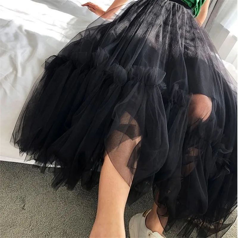 

High Waist Pleated Long Skirt Female Ankle-Length Skirt Vintage Adult Tulle Skirts Womens Black Elastic Puffy Tulle Skirts