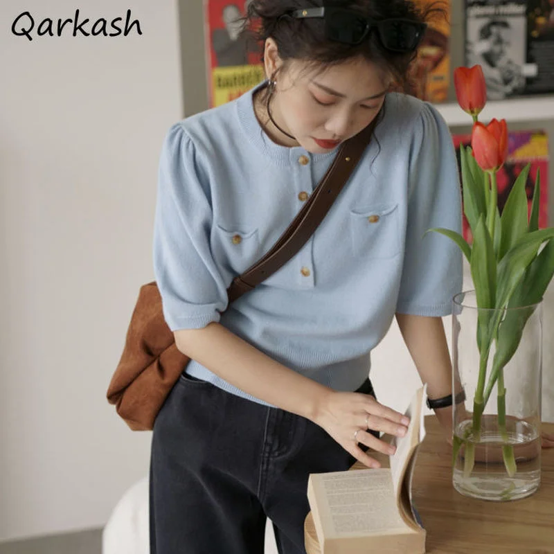 

Футболка женская летняя на пуговицах, короткий топ с рукавом до локтя, нежный Универсальный мягкий Модный популярный в стиле Харадзюку для ...