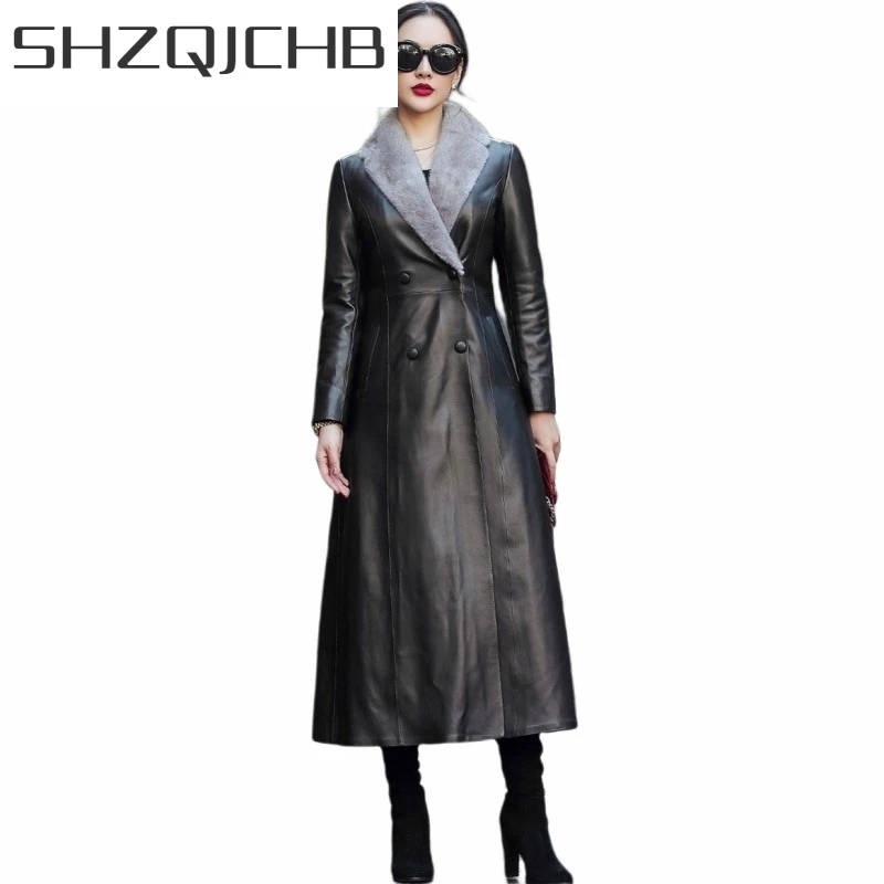 

JCHB 2021 Winter Women Genuine Leather Down Coat Elegant Warm Mink Fur Collar Slim Double Breasted Overcoat MaxiLong Sheepskin
