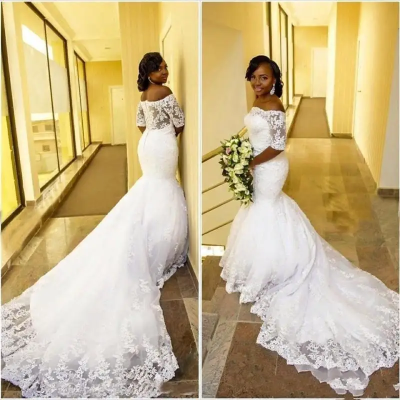 

Arabic African Mermaid Wedding Dresses Plus Size Court Train See Through Back Off-the-shoulder Half Sleeve Lace Bridal Gowns