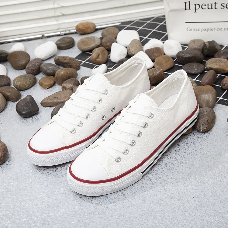 White Red Женская Вулканизированная обувь; женские парусиновые модные кроссовки; Эспадрильи на шнуровке с низким вырезом; Женские Классические нейтральные кроссовки унисекс; Лидер продаж - Цвет: White Red