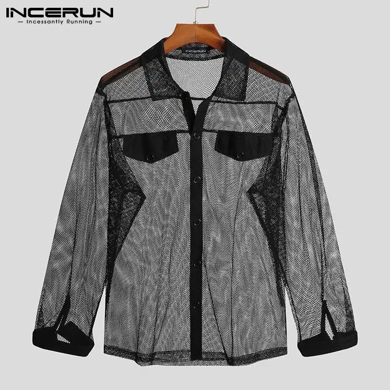 

2022 Men Shirt Mesh See Through Lapel Long Sleeve Button Sexy Men Clothing Streetwear Pockets Fashion Party Casual Tops INCERUN