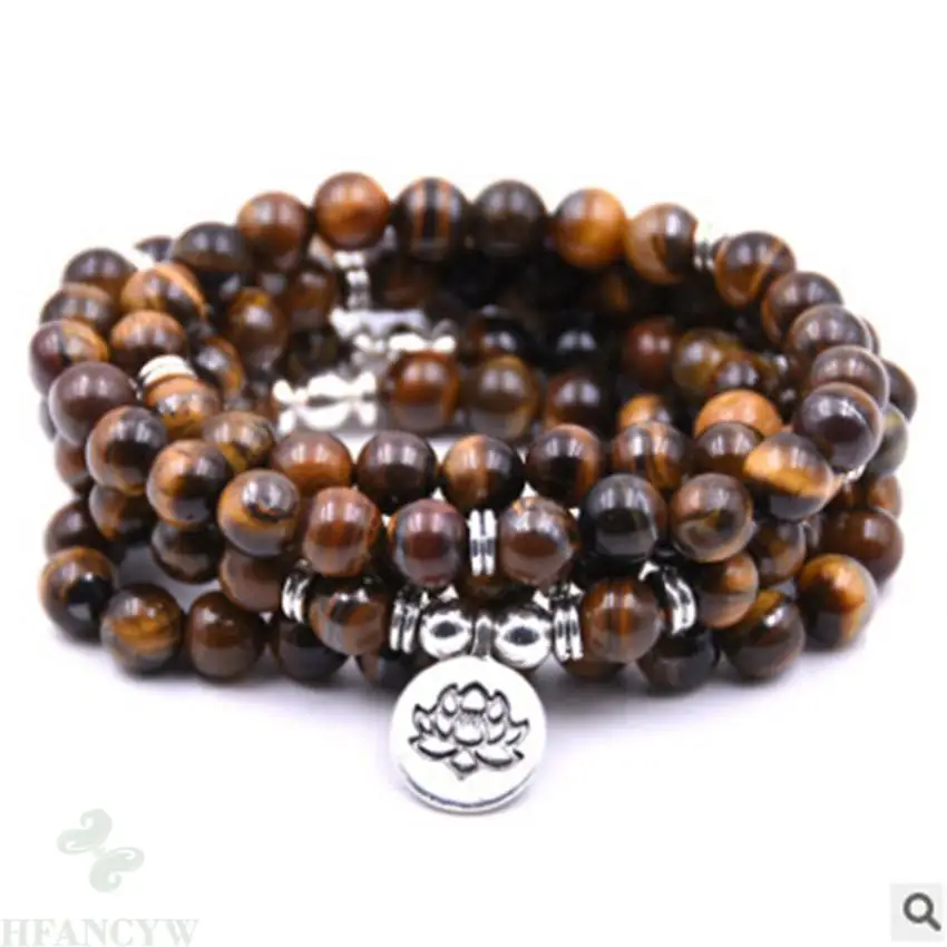 

6mm Tigers Eye Bracelet 108 Beads Lotus Buddha Pendant Monk Pray Diy Bless Handmade Natural Spirituality Lucky Cuff