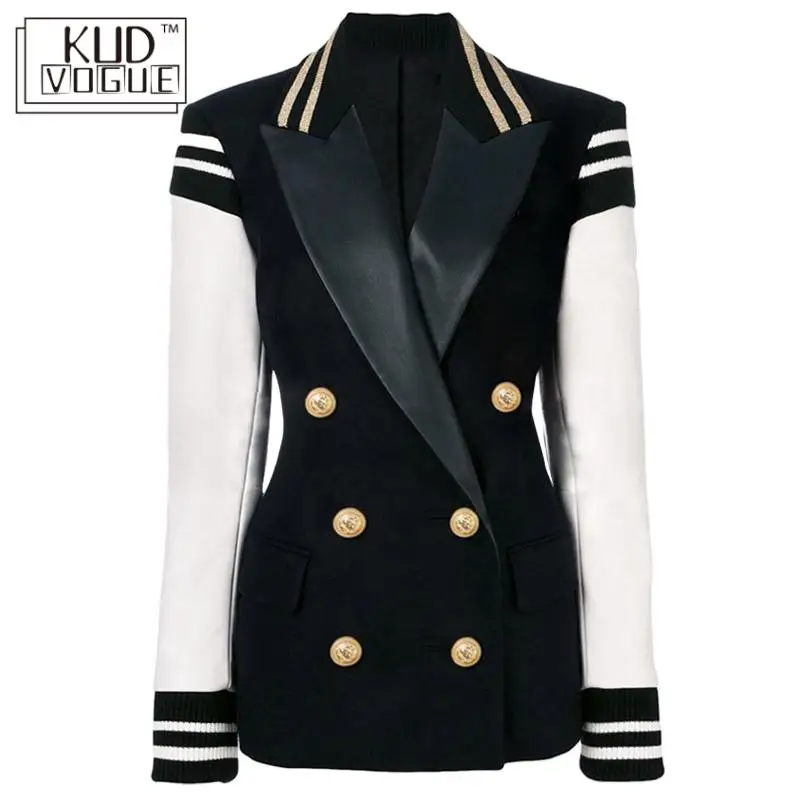 Женский кожаный двубортный Блейзер модный дизайнерский блейзер в стиле пэчворк