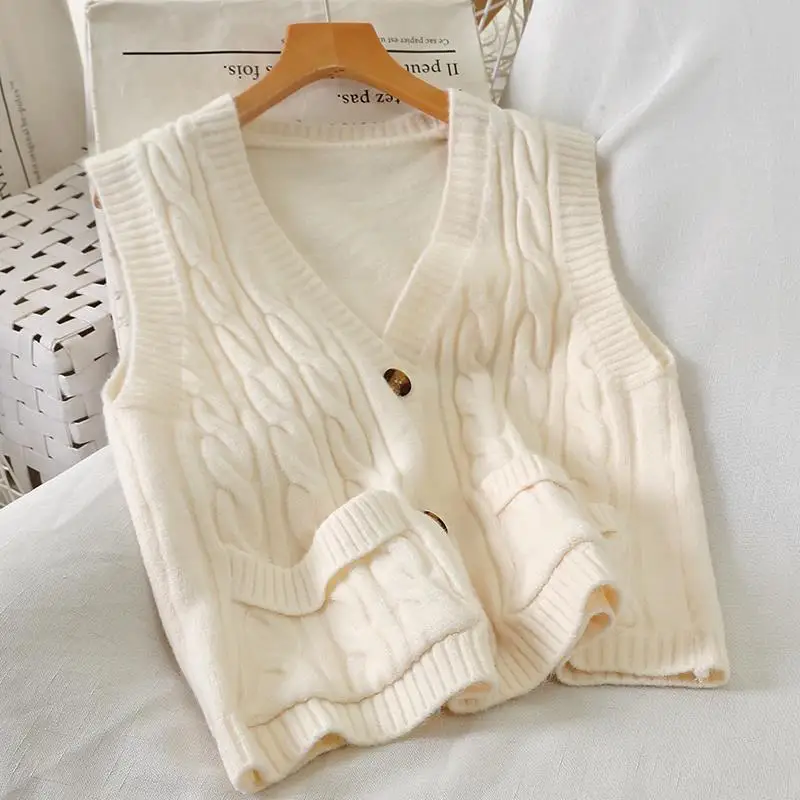 

Women Autumn Fashion V Neck Solid Buttons Soft Knitting Sweater Female Sleeveless Casual Vest Chic Jumper Cardigans Tops Y635
