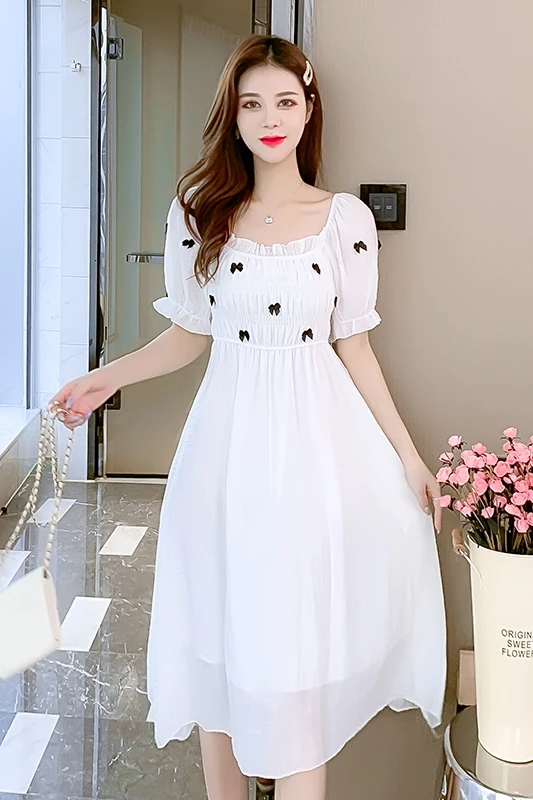 

COIGARSAM French Style Short Sleeve Women dress Vintage Bow Square Collar Dresses White 3733