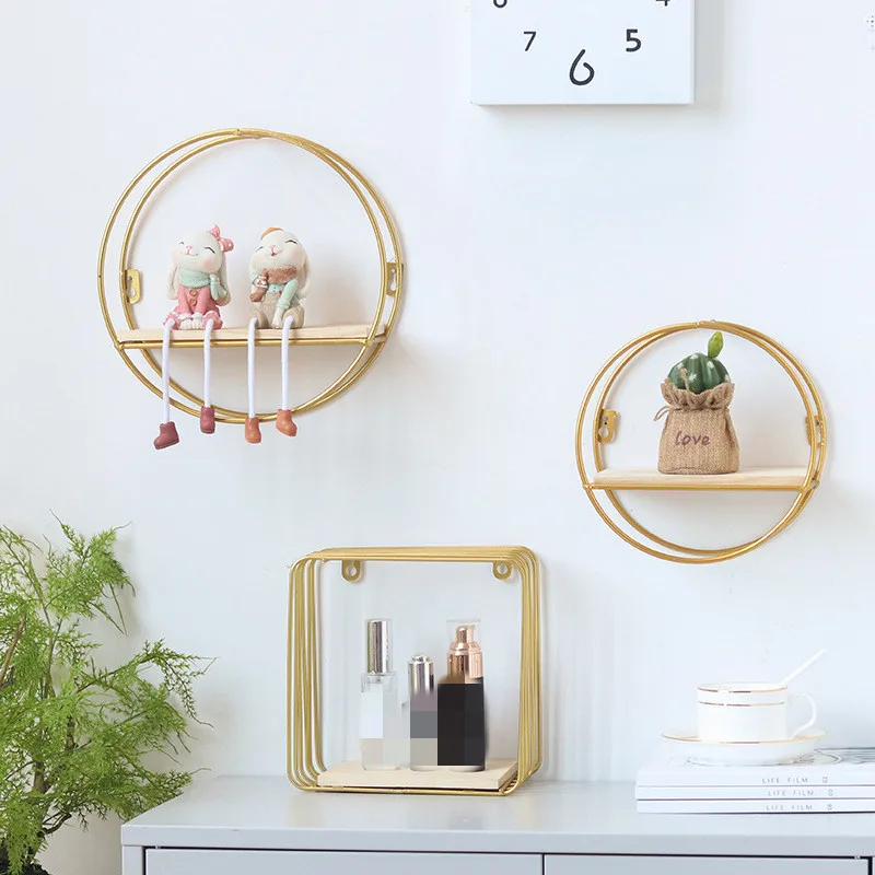 

Creative Gold Round Square Wall Wrought Iron Shelf Home Storage Rack Living Room Shelf Background Wall Decoration Organizer,1PC